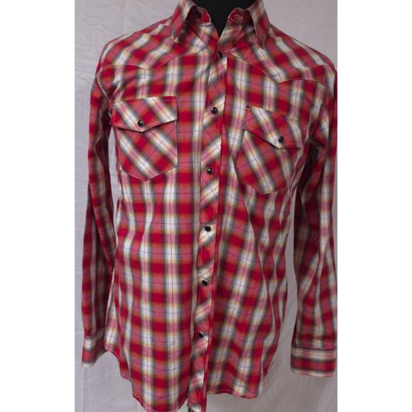 Cowboy Hardware Mens Medium Red Plaid Embroidered Steer Skull Pearl Snap Shirt - Picture 2 of 12